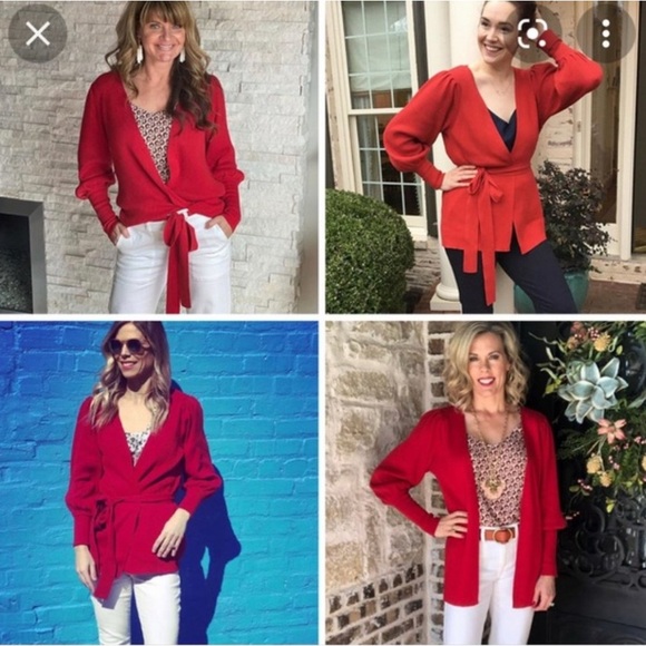 CAbi red puffed sleeve belted cardigan. Size MEDIUM - Picture 6 of 6